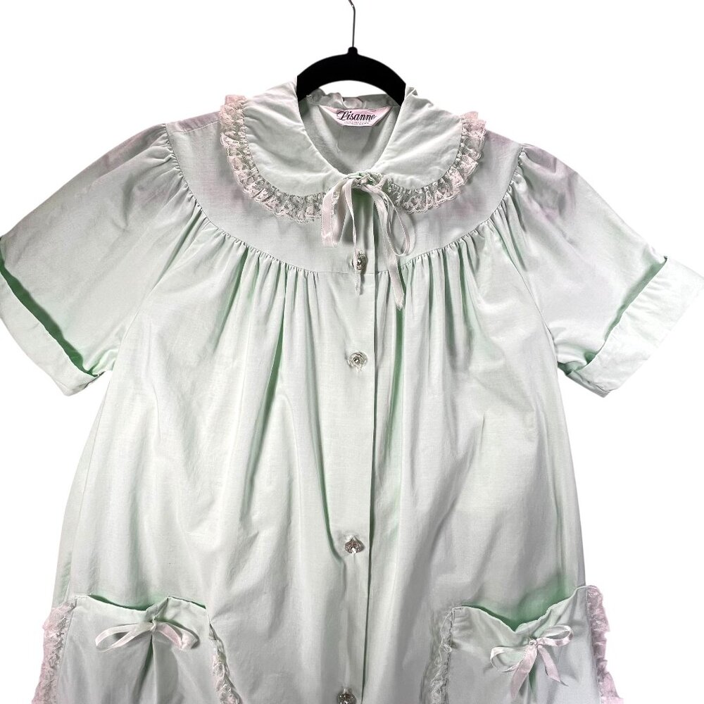 Vtg Lisanne Mint Green Button Down Housecoat Robe Lace Collar Pockets Cotton SS - Picture 6 of 16